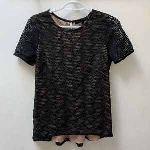 BCBGMAXAZRIA "Cacey" Black Tan Top w/ Floral Lace Overlay Size Small S